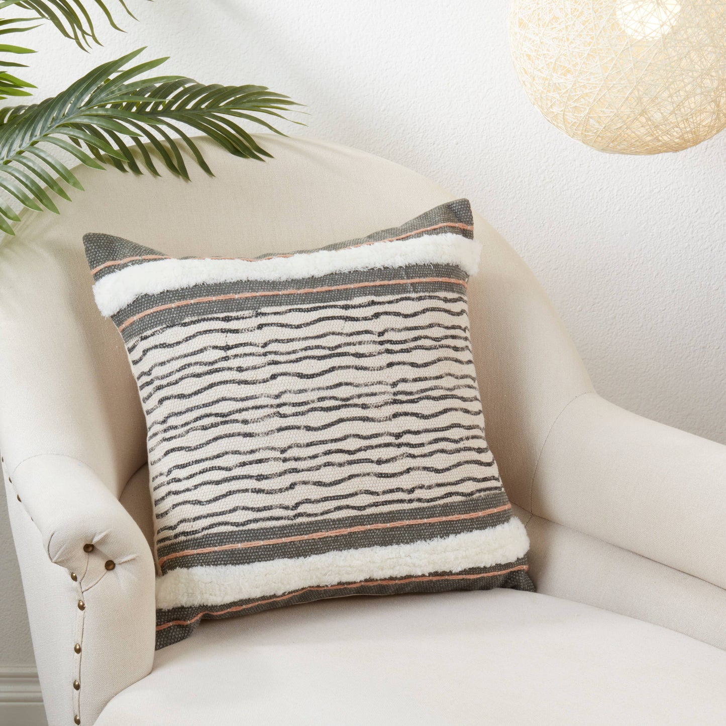 Stripe Printed and Embroidered Pillow Cover