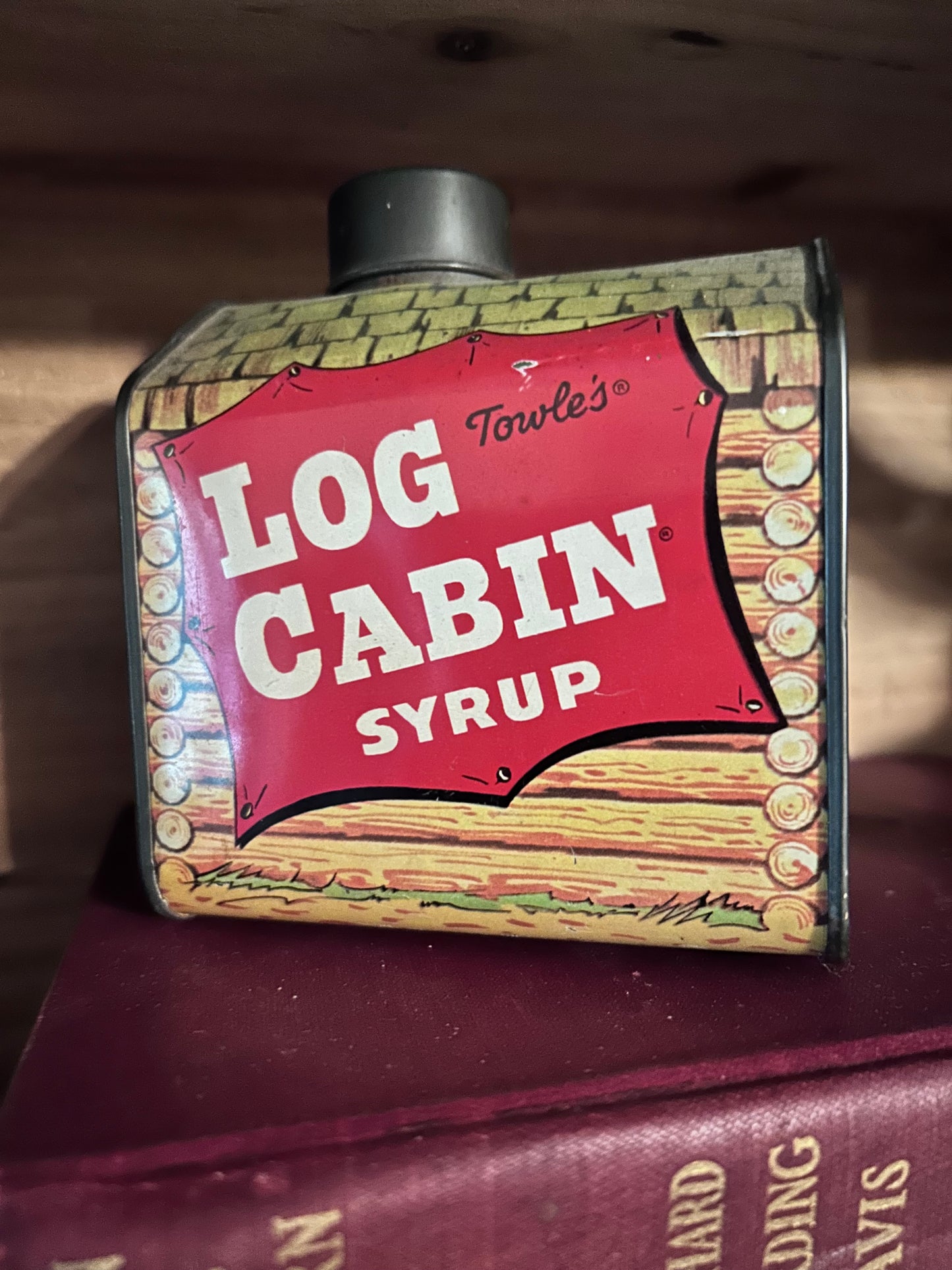 Log Cabin syrup tin piggy bank