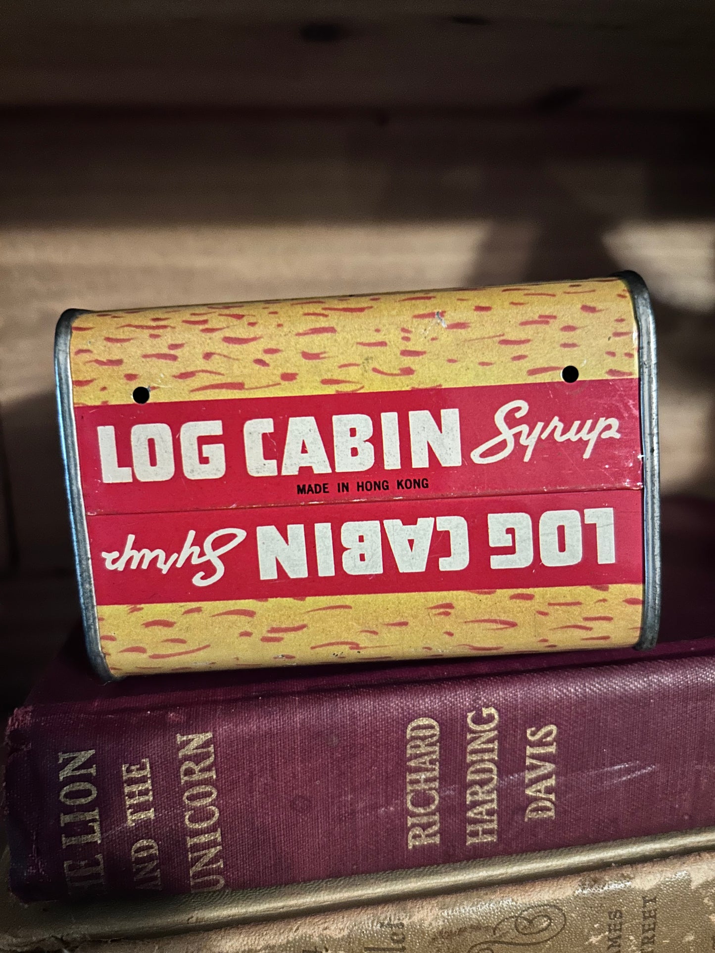 Log Cabin syrup tin piggy bank